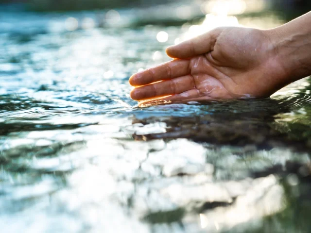 Hand plunging into river water