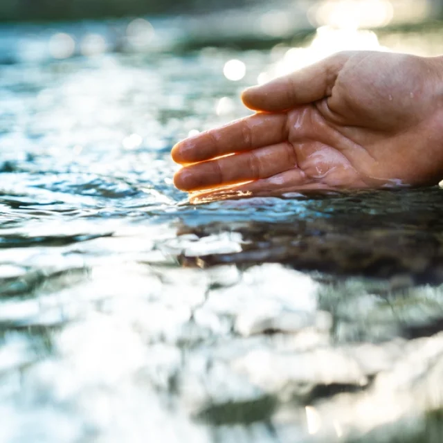 Main plongeant dans l'eau d'une rivière