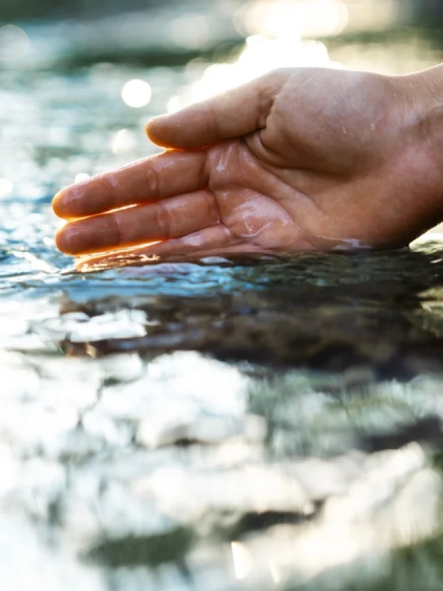 Hand plunging into river water