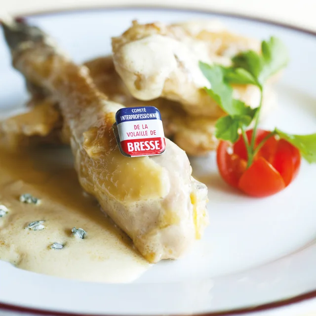 Assiette de poulet de bresse à la crème et au Bresse Bleu