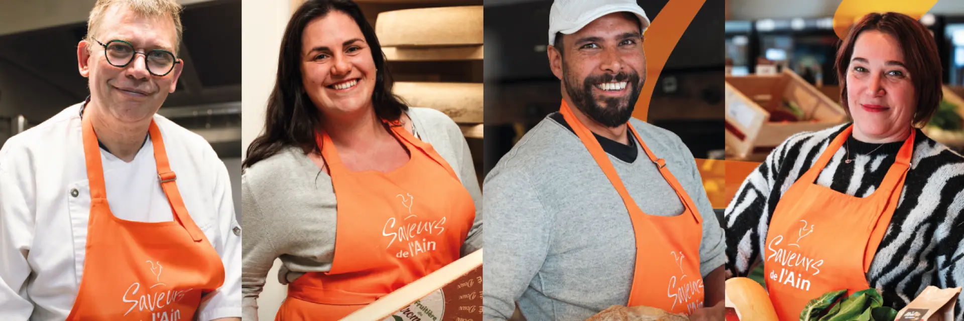 4 adhérents saveurs de l'Ain en train de présentés leurs produits locaux : comté, pain, assiette d'une restaurateur, cagette de produits frais et non frais