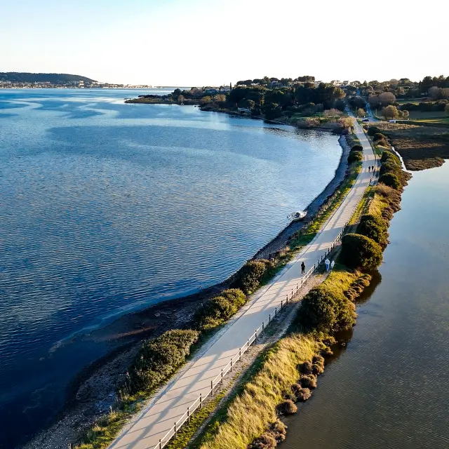 Crique de l'angle vue drone, coucher de soleil, lumière dorée, littoral, mer, végétation, paysage, horizon, extérieur, horizontal