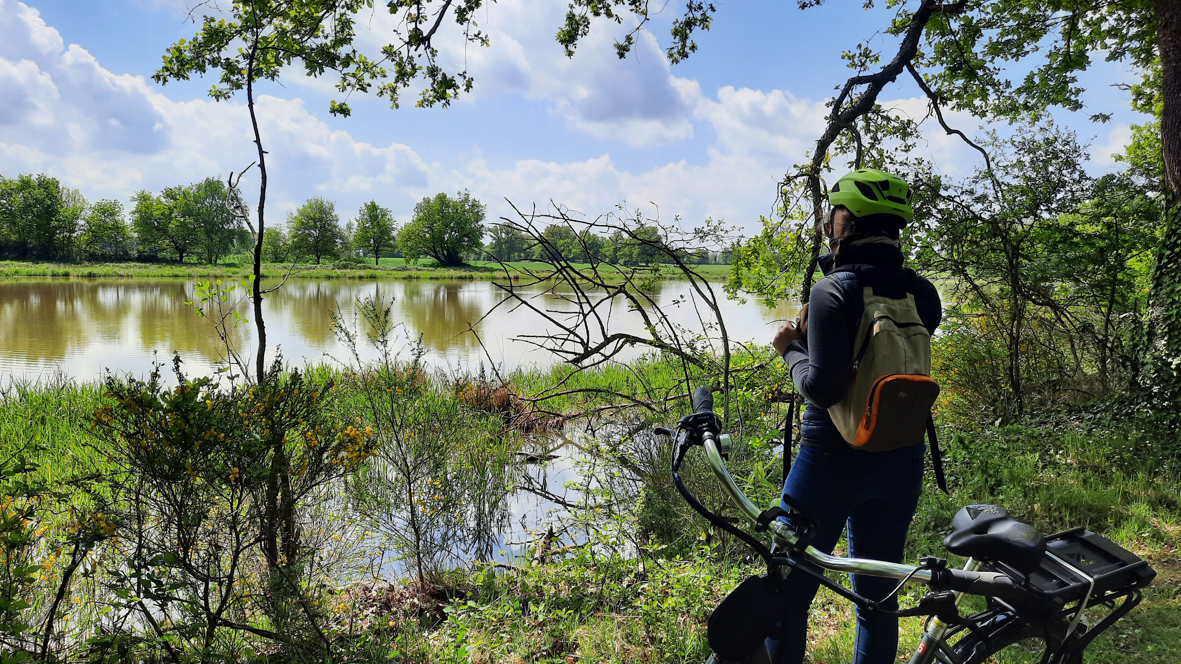 Cycliste regardant un étang sur l'Escampette
