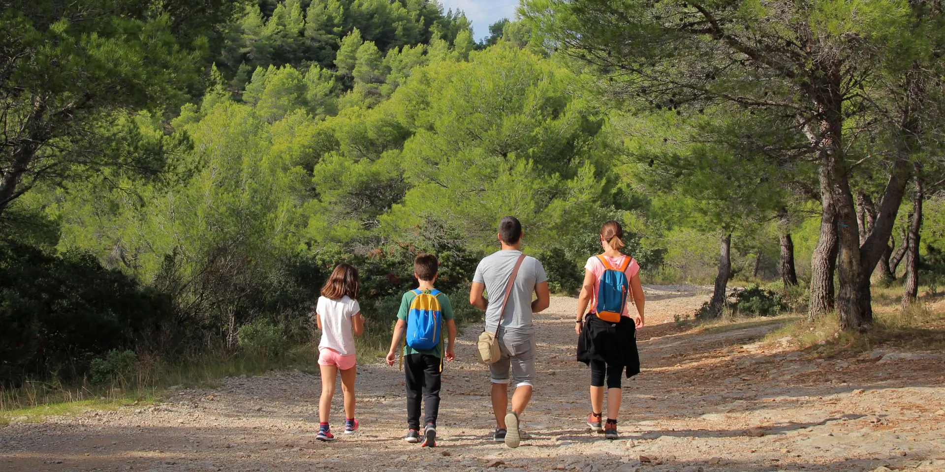Groupe familial marchant sur un sentier entouré de pins et de végétation en pleine nature.