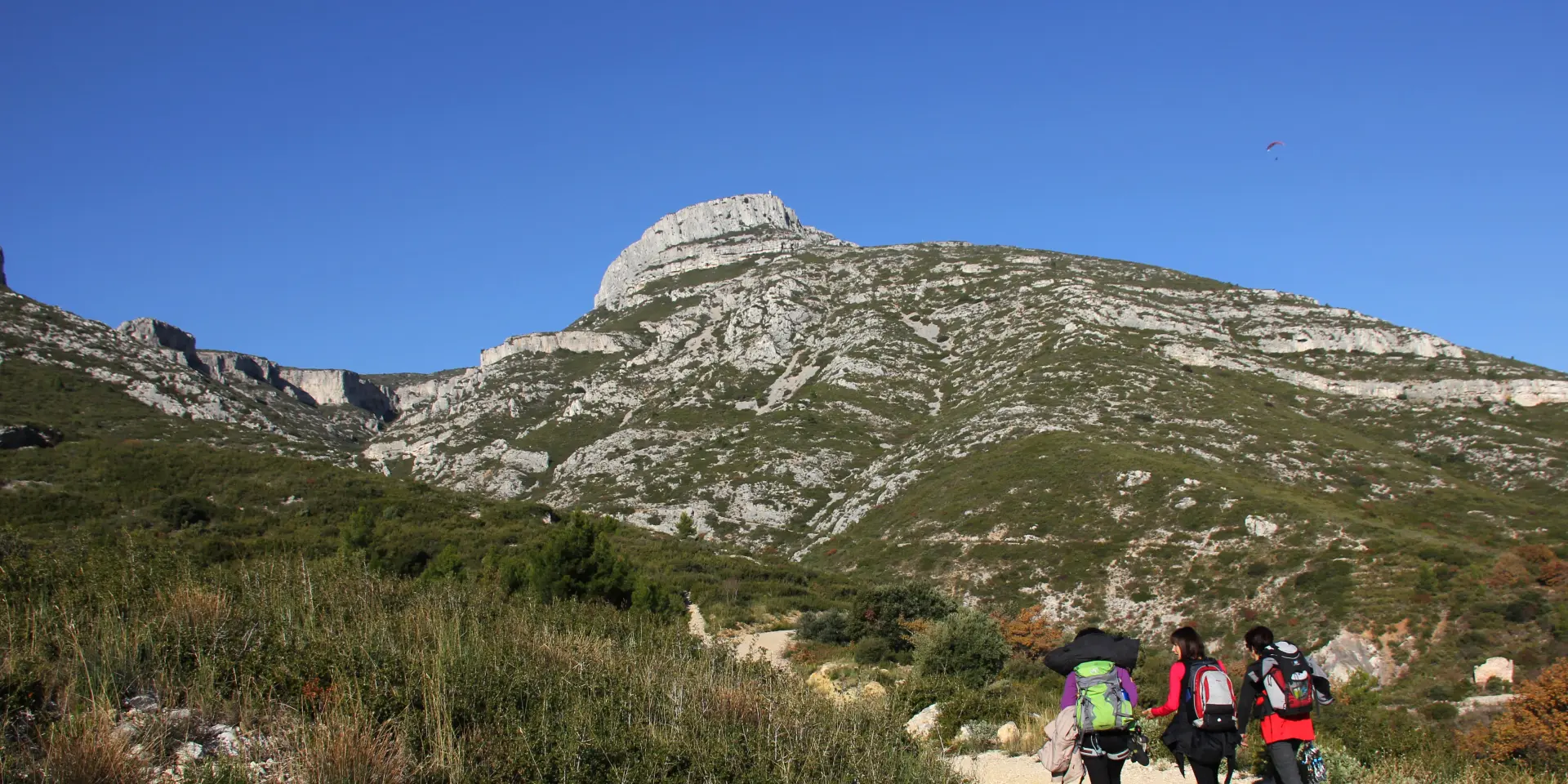 Groupe de randonneurs marchant sur un sentier de terre, entourés de végétation méditerranéenne, avec le massif rocheux du Garlaban et un ciel bleu en arrière-plan