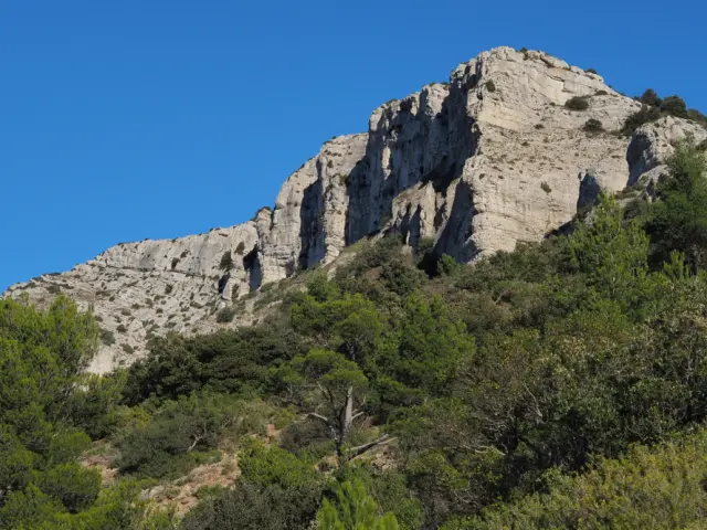 Falaises calcaires et reliefs escarpés du mont Aurélien sous un ciel bleu en Provence.