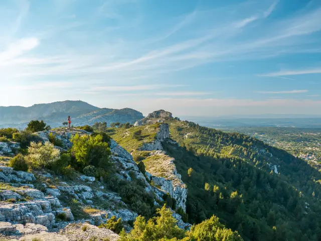 Massif calcaire de l'Etoile avec végétation méditerranéenne au premier plan, dominant des collines boisées et une plaine visible à l’horizon sous un ciel dégagé.