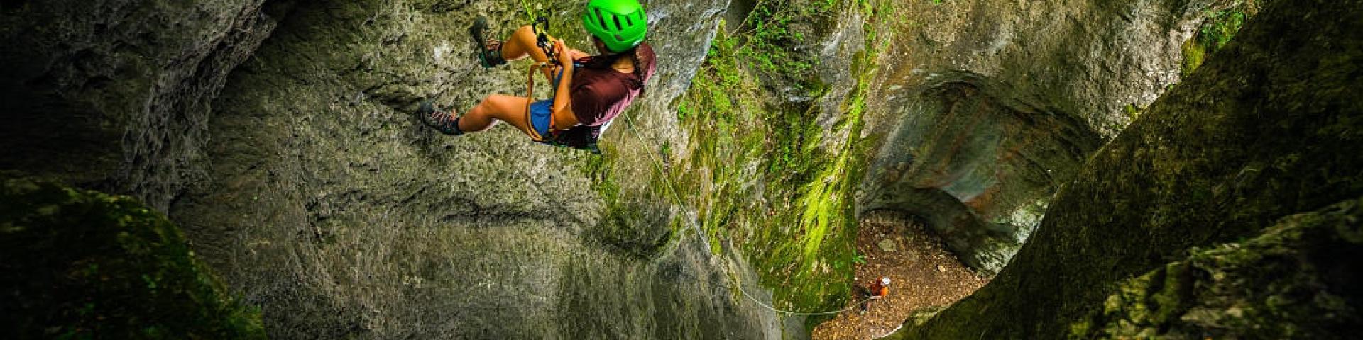 Abseiling down the Pas de Soucy dry canyon in the Gorges du Tarn