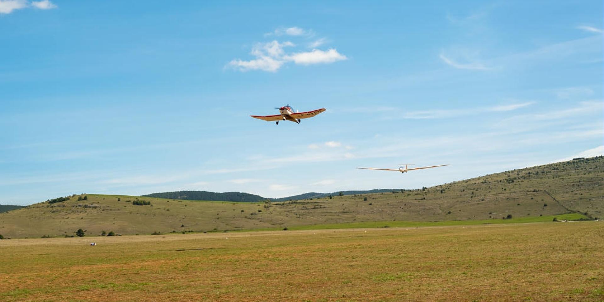 Two planes take off from Chanet airfield in the heart of the Causse Méjean.