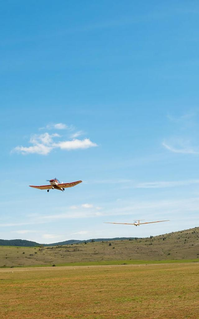 Two planes take off from Chanet airfield in the heart of the Causse Méjean.