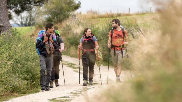 A group of young hikers on the Aubrac trail.