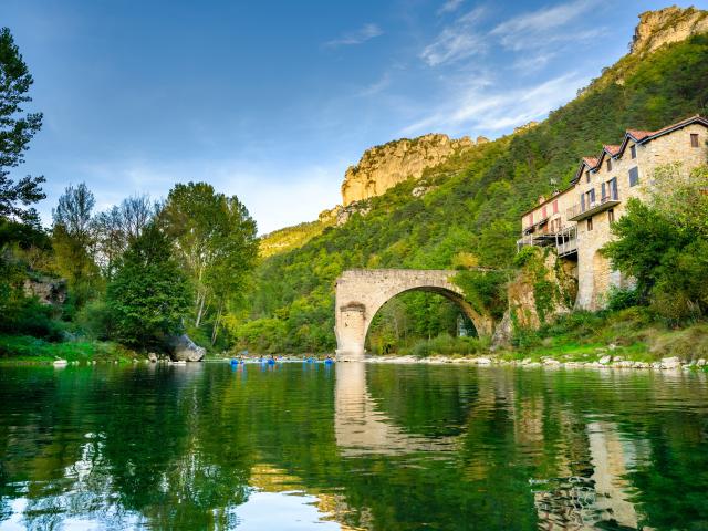 The famous Le Rozier broken bridge at sunset