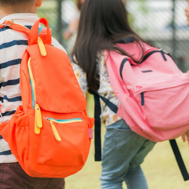 Three pupils of primary school go hand in hand. Boy and girl with school bags behind the back. Beginning of school lessons. Warm day of fall. Back to school. Little first graders.