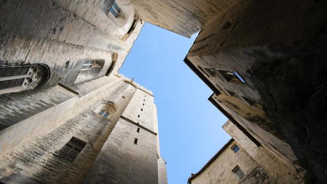 Low angle on the Palais des Papes, rue de la Peyrolerie