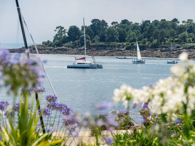 Catamaran dans l'Estuaire de l'Odet pris en photo depuis l'Esplanade de la Plage du Trez