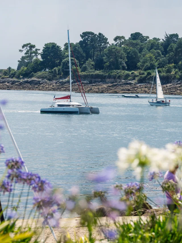 Catamaran dans l'Estuaire de l'Odet pris en photo depuis l'Esplanade de la Plage du Trez
