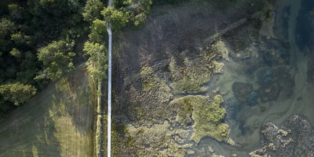 Luftaufnahme des Stegs über den Anse du Petit Moulin