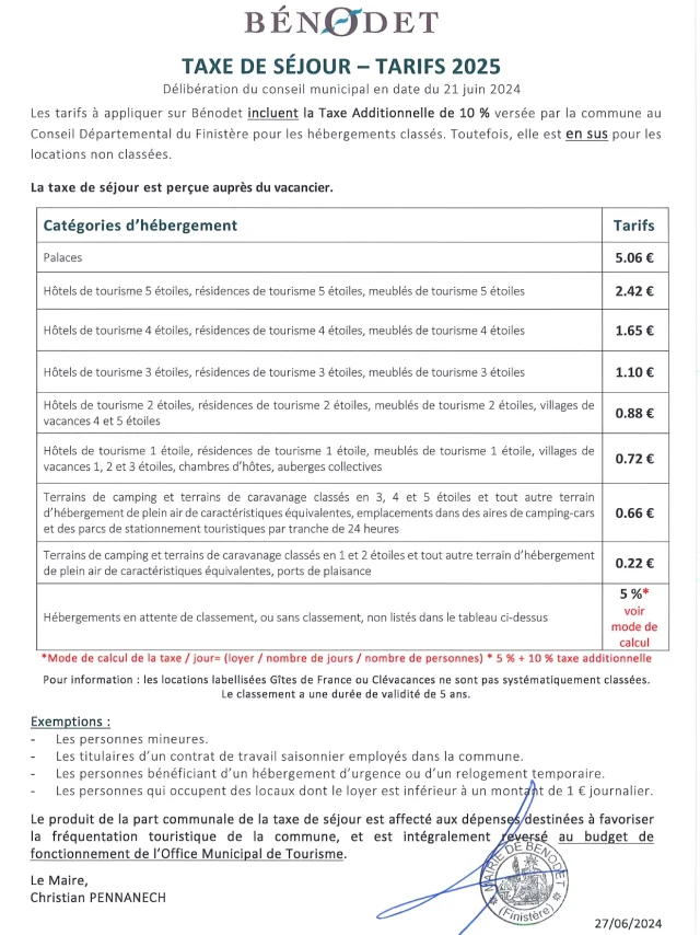 Tarifs 2025 Taxe De Séjour Bénodet
