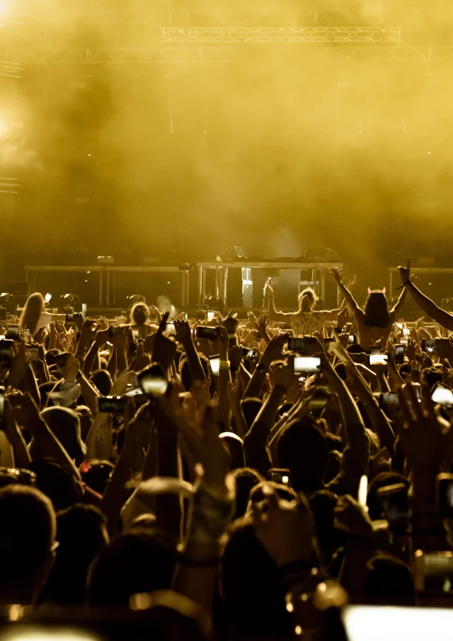 Vorderansicht von aufgeregten Fans, die Spaß auf dem Musikfestival haben und mit ihren Smartphones Bilder von der Bühne machen.  Kopierraum.