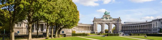 Park with grass and trees in Brussels under a blue sky