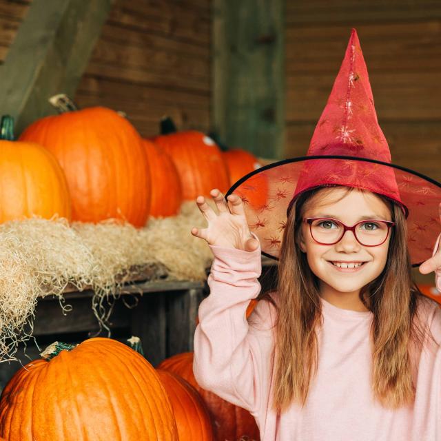 Adorable little girl choosing halloween pumpkin on farm market
