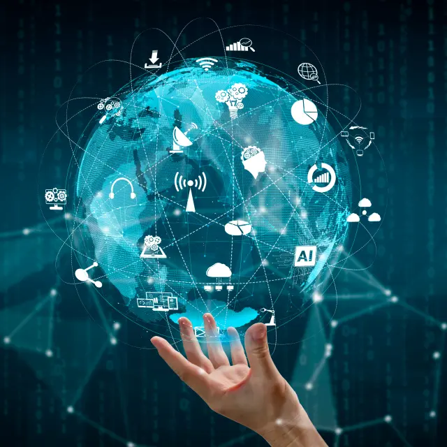 Advanced communication and global internet network connection in smart city . Concept of future 5G wireless digital connecting and social media networking .