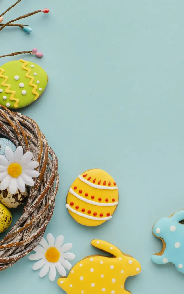 Flat Lay Easter Eggs Basket With Chamomile Flowers Bunny Shape