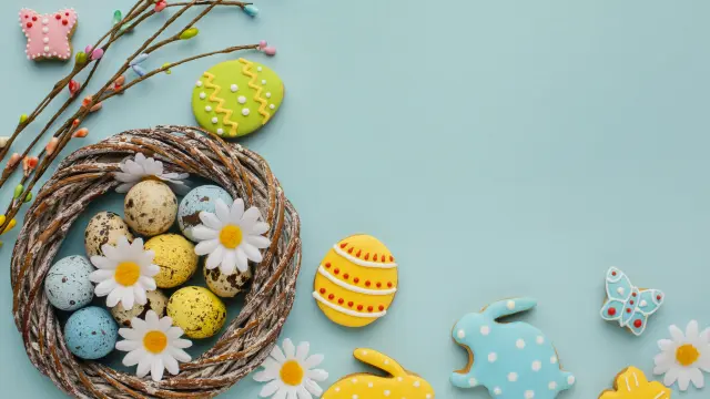 Flat Lay Easter Eggs Basket With Chamomile Flowers Bunny Shape