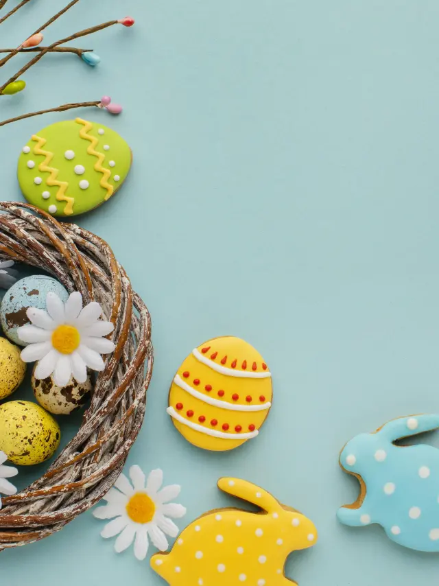 Flat Lay Easter Eggs Basket With Chamomile Flowers Bunny Shape
