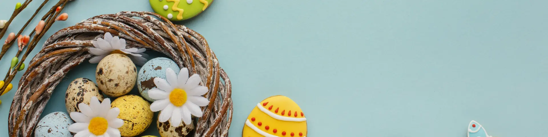 Flat Lay Easter Eggs Basket With Chamomile Flowers Bunny Shape