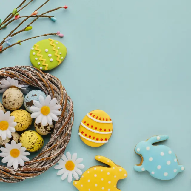 Flat Lay Easter Eggs Basket With Chamomile Flowers Bunny Shape
