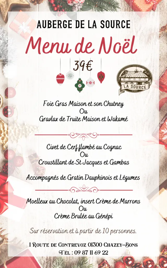 Menu de noël Auberge De La Source