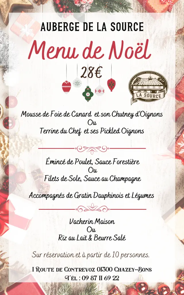 Menu de noël Auberge De La Source