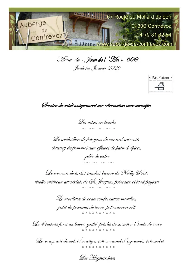 Menu jour de l'an Auberge Contrevoz