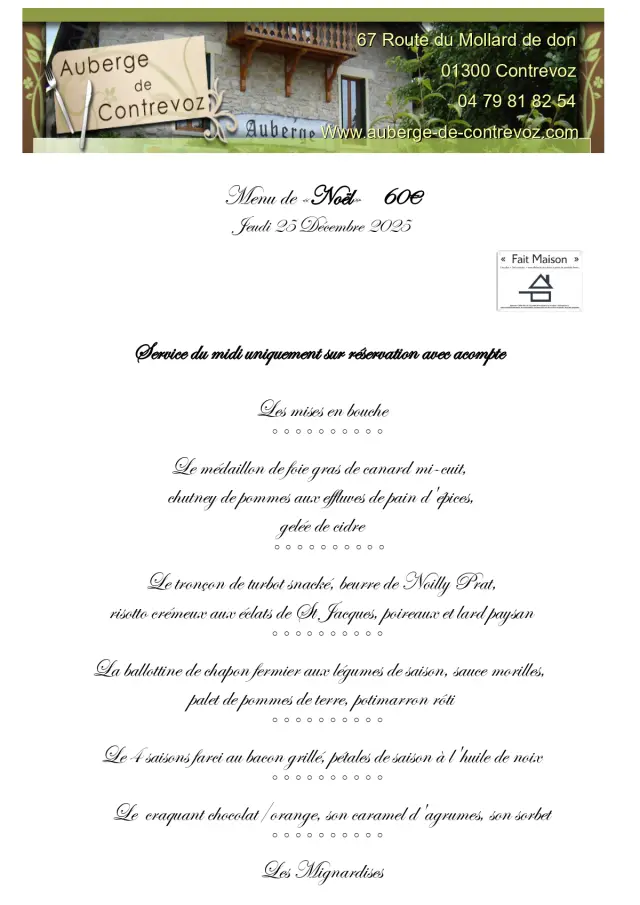 Menus De Noel Auberge de Contrevoz