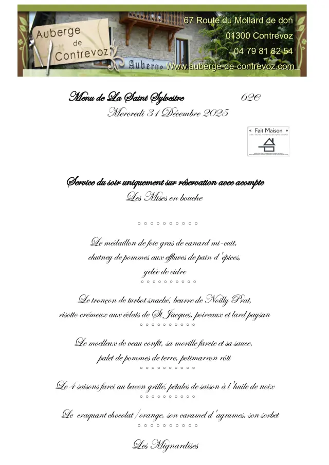 Menu Réveillon Auberge Contrevoz
