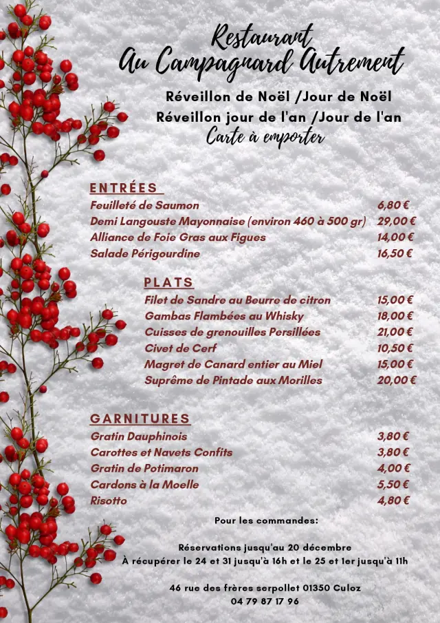 Restaurant Au Campagnard Autrement menu de fêtes