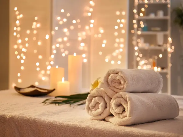 Serviettes roulées sur la table de massage d'un spa