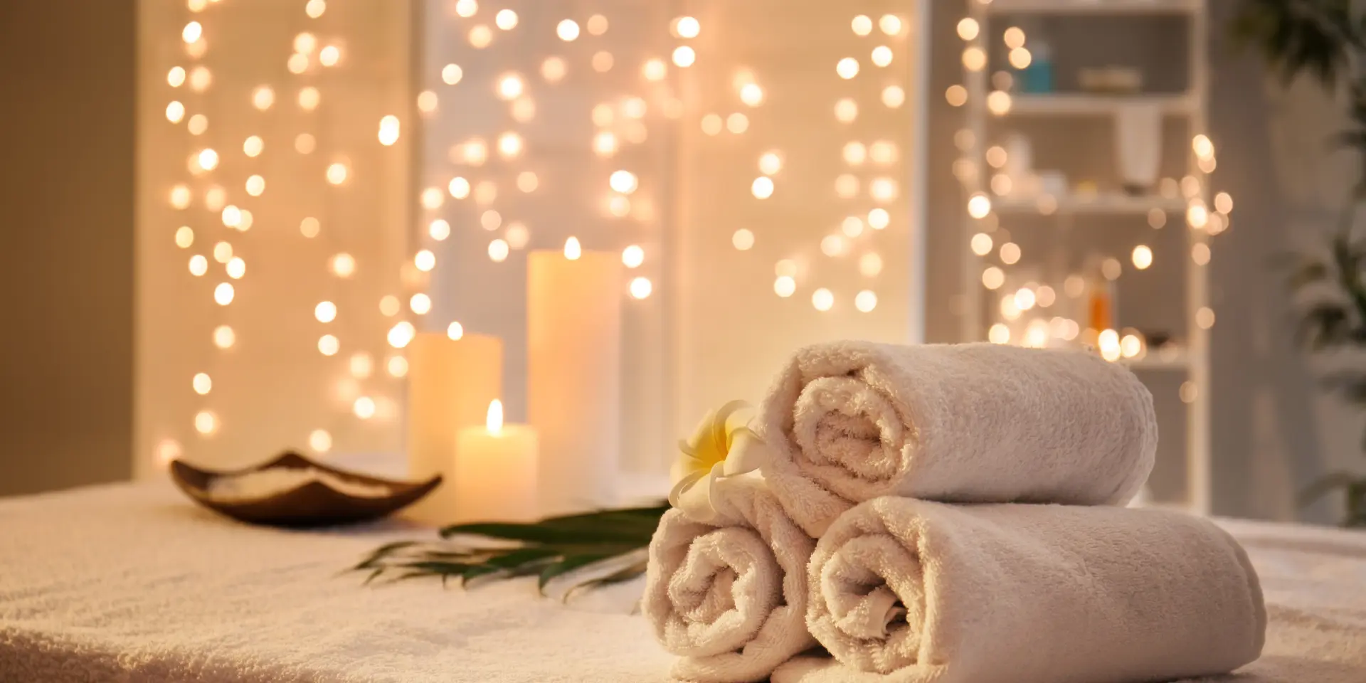 Serviettes roulées sur la table de massage d'un spa