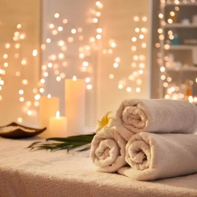 Serviettes roulées sur la table de massage d'un spa