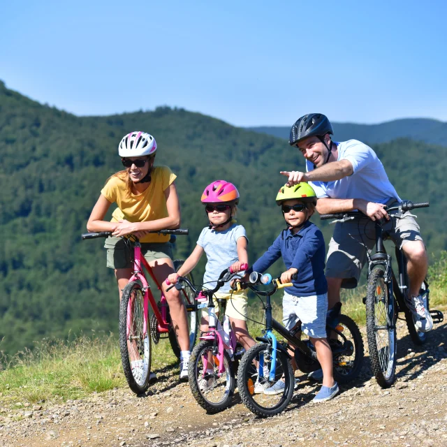 Gezin op een fietsdag, ouders wijzen naar het landschap