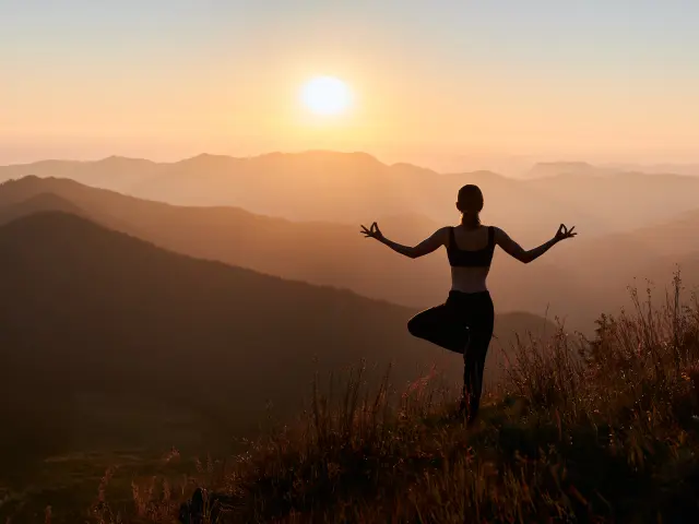Panorama. Achteraanzicht van slanke vrouw in zwarte sportkleding die yogaoefening doet op één been in bergen. Concept van yoga bij zonsondergang.