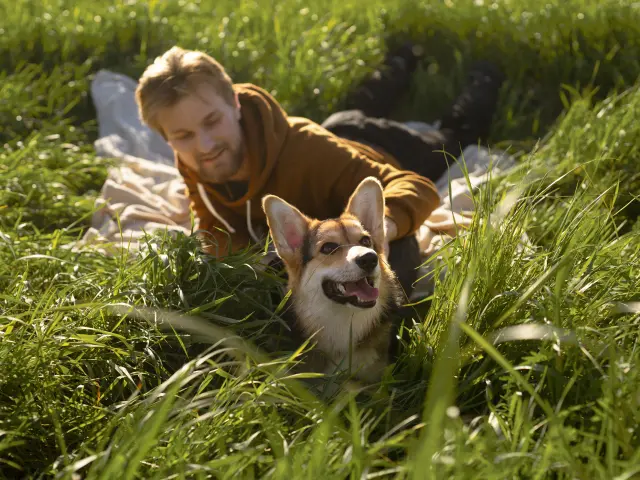 Full Shot Smiley Man With Dog Nature