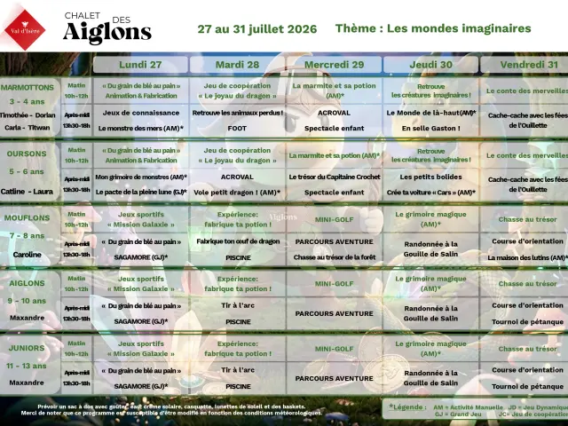 Planning Animations 27 Au 31 Juillet