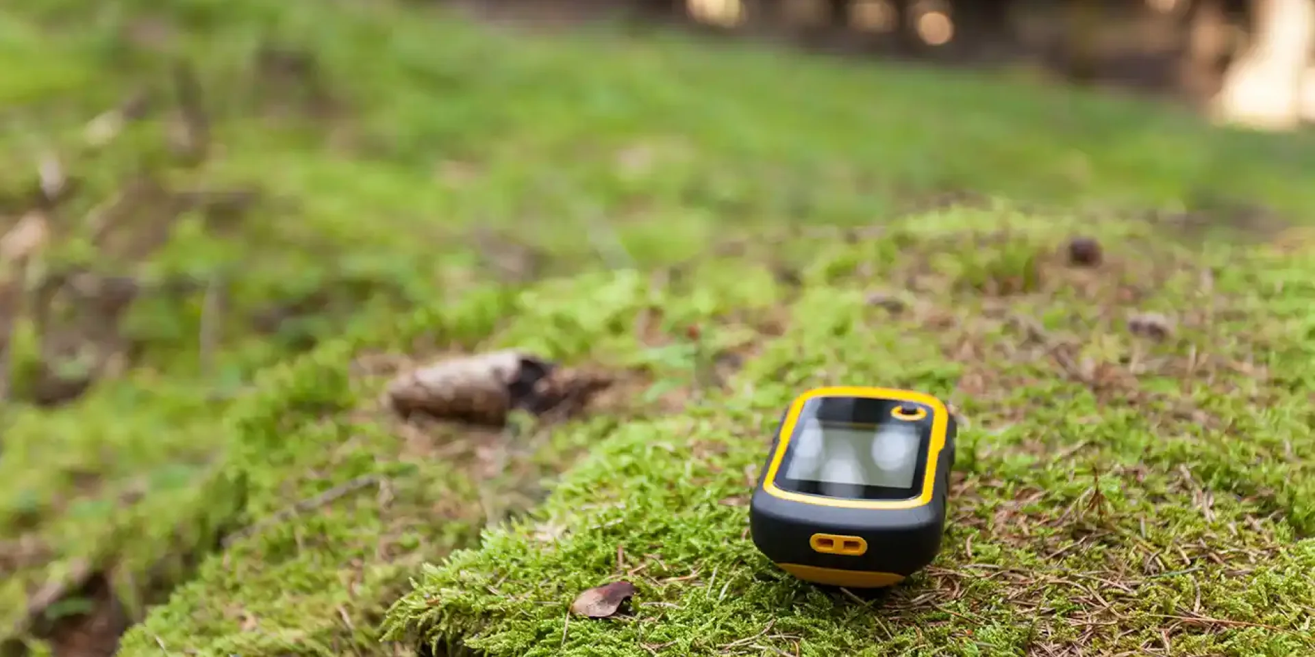GPS de randonnée posé sur de la mousse en pleine forêt, symbole de geocaching écoresponsable