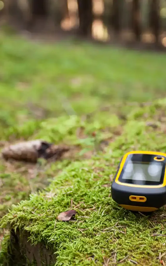 GPS de randonnée posé sur de la mousse en pleine forêt, symbole de geocaching écoresponsable