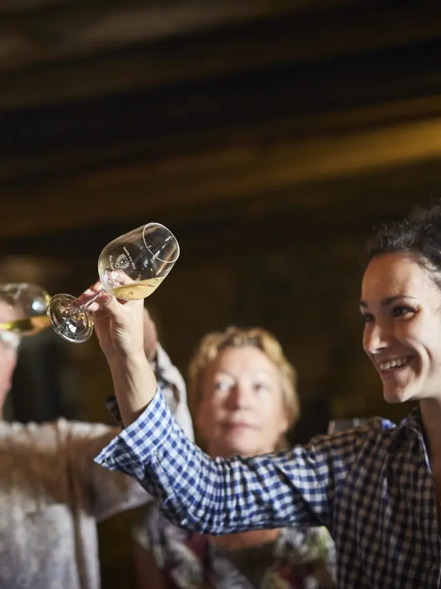 photo de degustation de vin dans une cave du val de loire, muscadet du pays nantais, chateau du Coing. verre de muscadet