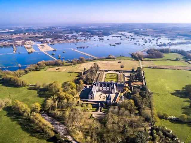 Aerial photo of the chateau de Goulaine on the edge of the Goulaine marshes.
