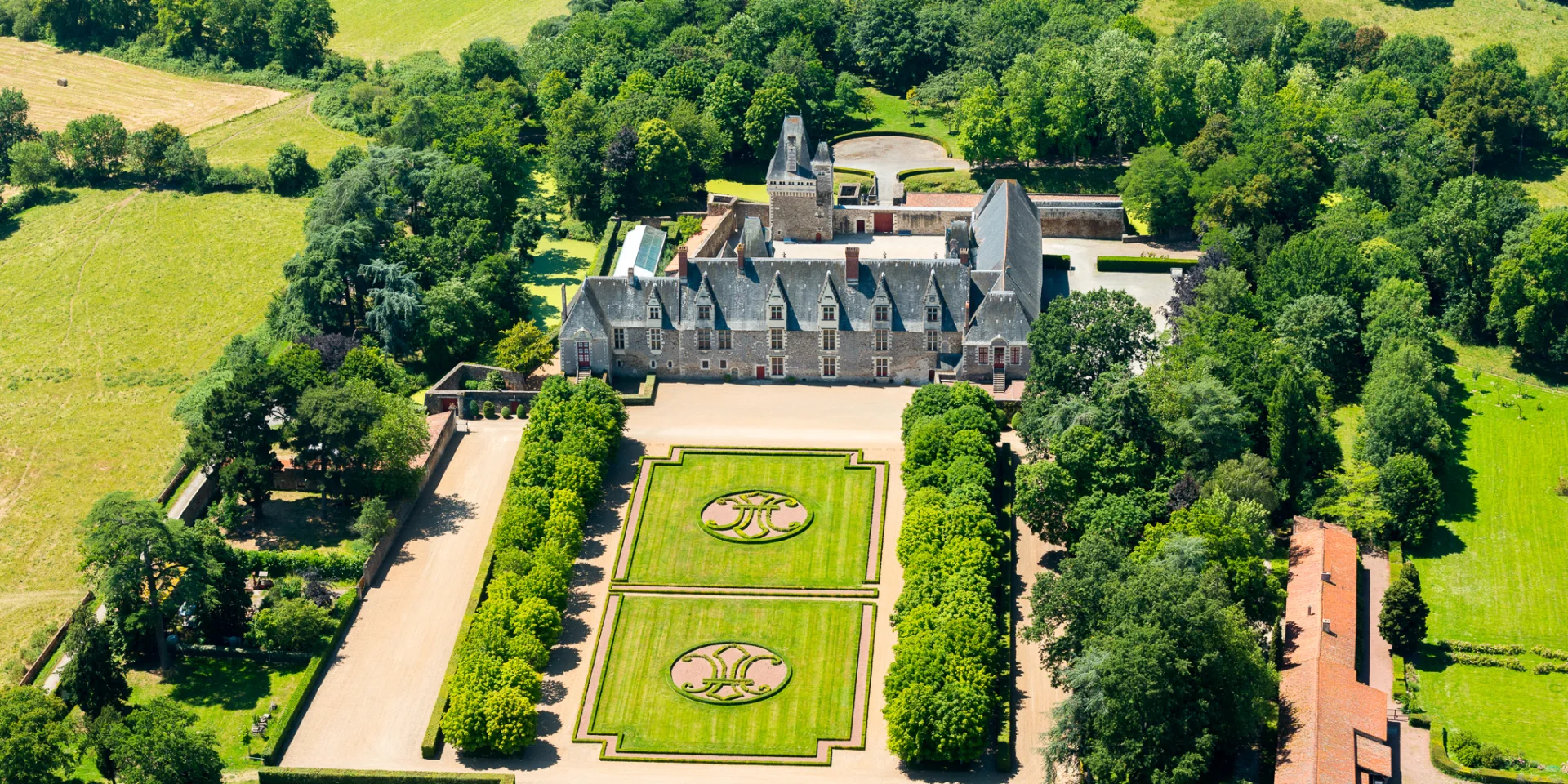 Aerial photo of the chateau de Goulaine on the edge of the Goulaine marshes.