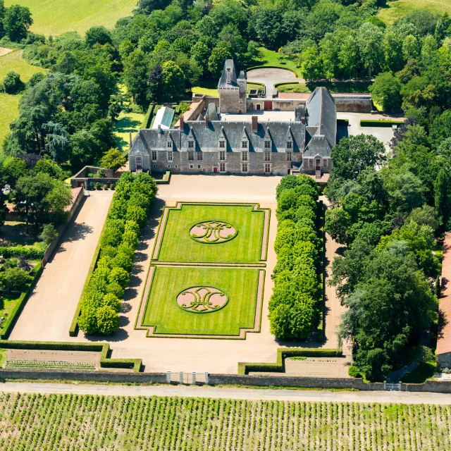 Aerial photo of the chateau de Goulaine on the edge of the Goulaine marshes.